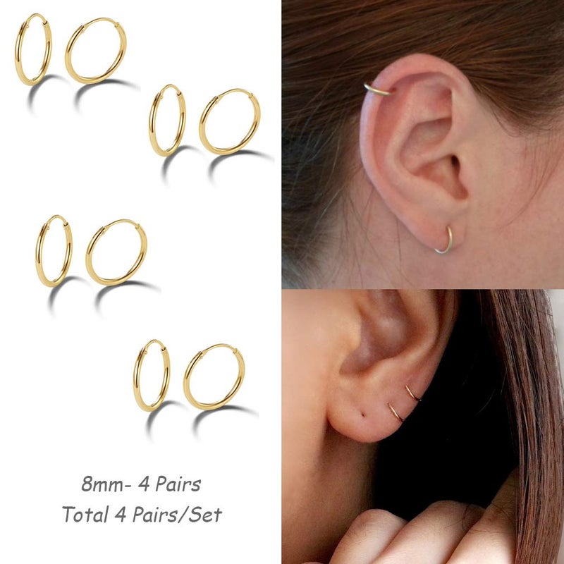 EPIRORA أقراط هووب فضية EPIRORA - أقراط غضروفية صغيرة للنساء والرجال، 4 أزواج من أقراط tragus من الفضة الإسترلينية 925 المضادة للحساسية (ذهبي، 8 مم × 4) - Image 2